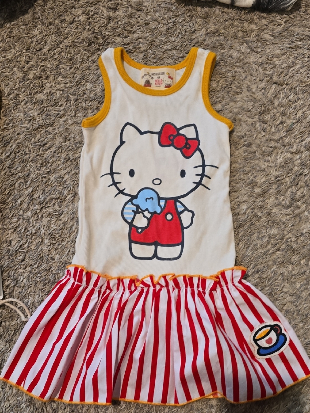 Hello Kitty White Tank Dress with Red Striped Skirt and Yellow Trim